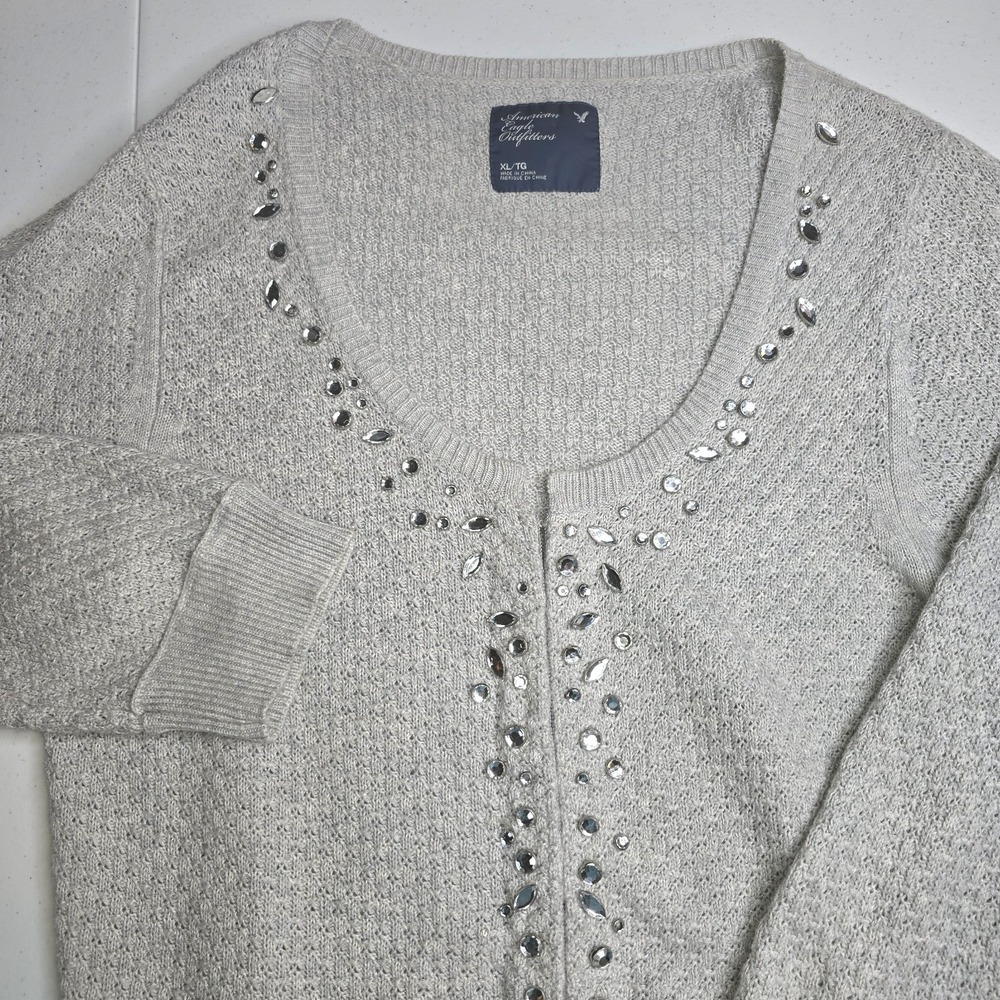 AMERICAN EAGLE‎ OUTFITTERS Women's XL Gray Angora Cardigan With Rhinestones -731
